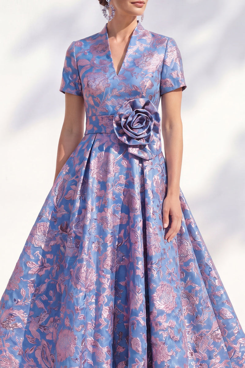 Load image into Gallery viewer, A Line Blue Pink Flower Long Mother of the Bride Dress with 3D Flower