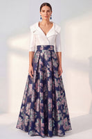 Load image into Gallery viewer, Floral Long 3/4 Sleeves Navy Jacquard A Line Mother of the Bride Dress