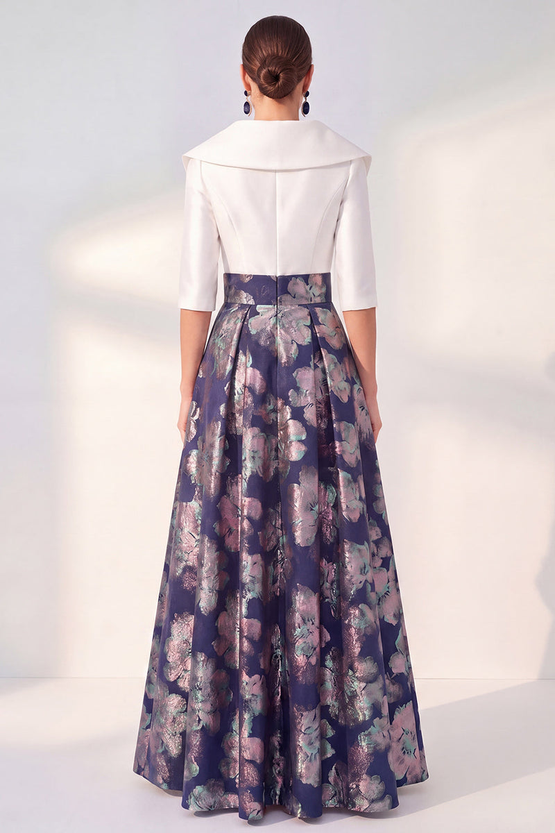Load image into Gallery viewer, Floral Long 3/4 Sleeves Navy Jacquard A Line Mother of the Bride Dress