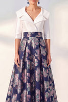 Load image into Gallery viewer, Floral Long 3/4 Sleeves Navy Jacquard A Line Mother of the Bride Dress