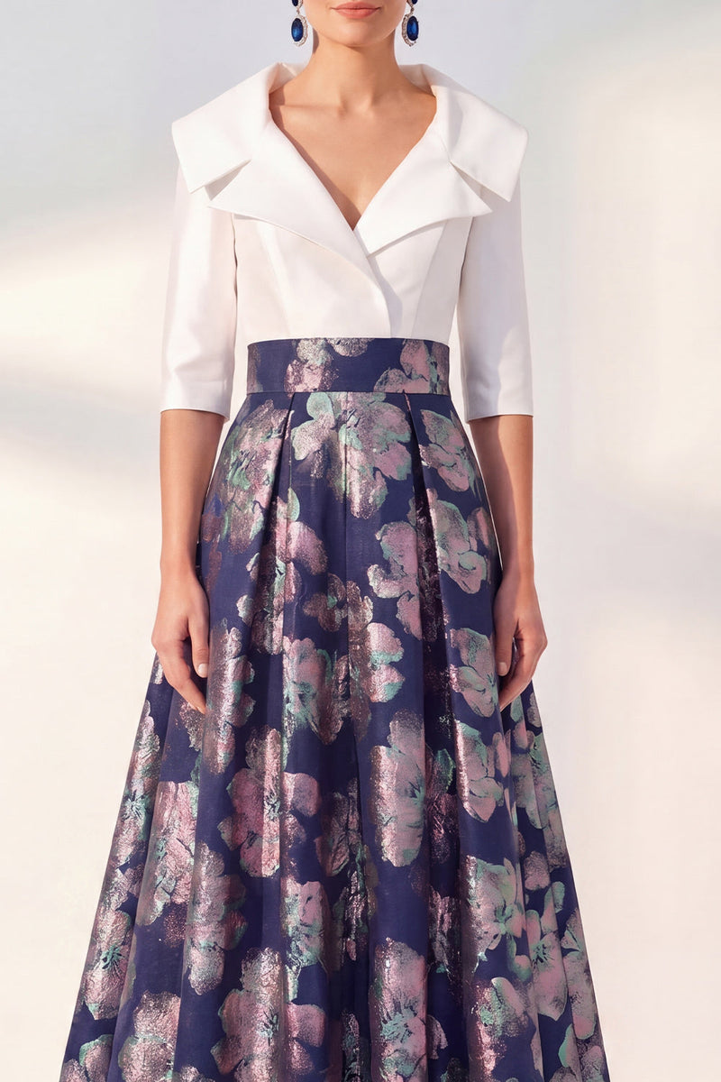 Load image into Gallery viewer, Floral Long 3/4 Sleeves Navy Jacquard A Line Mother of the Bride Dress