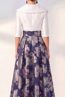 Load image into Gallery viewer, Floral Long 3/4 Sleeves Navy Jacquard A Line Mother of the Bride Dress