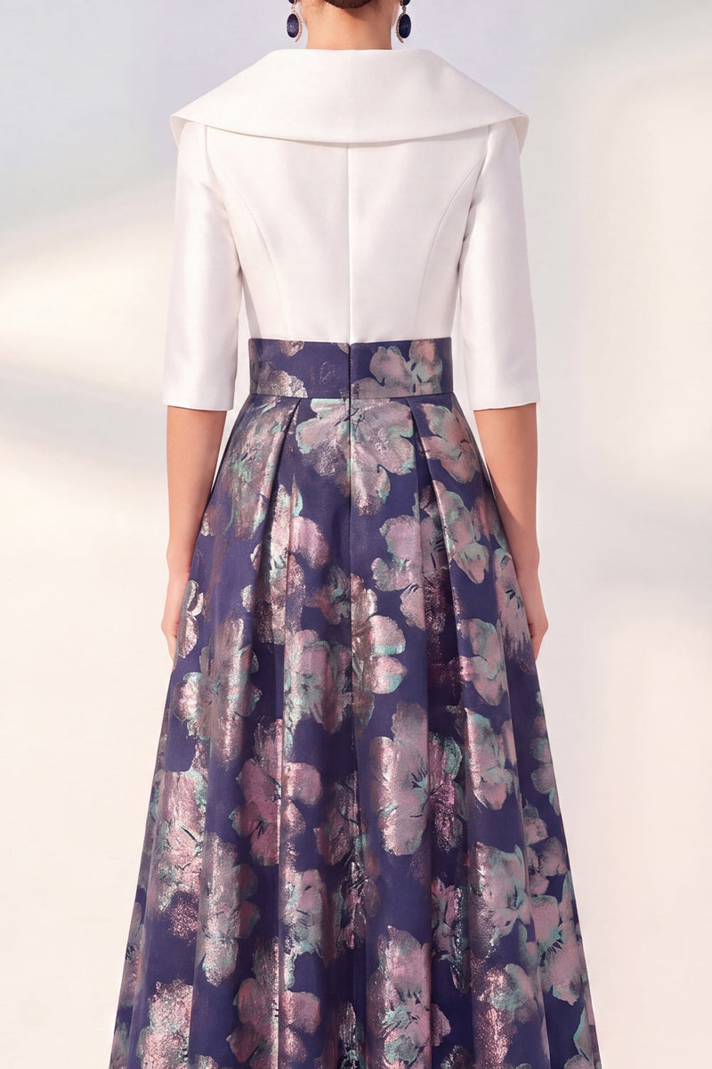 Load image into Gallery viewer, Floral Long 3/4 Sleeves Navy Jacquard A Line Mother of the Bride Dress