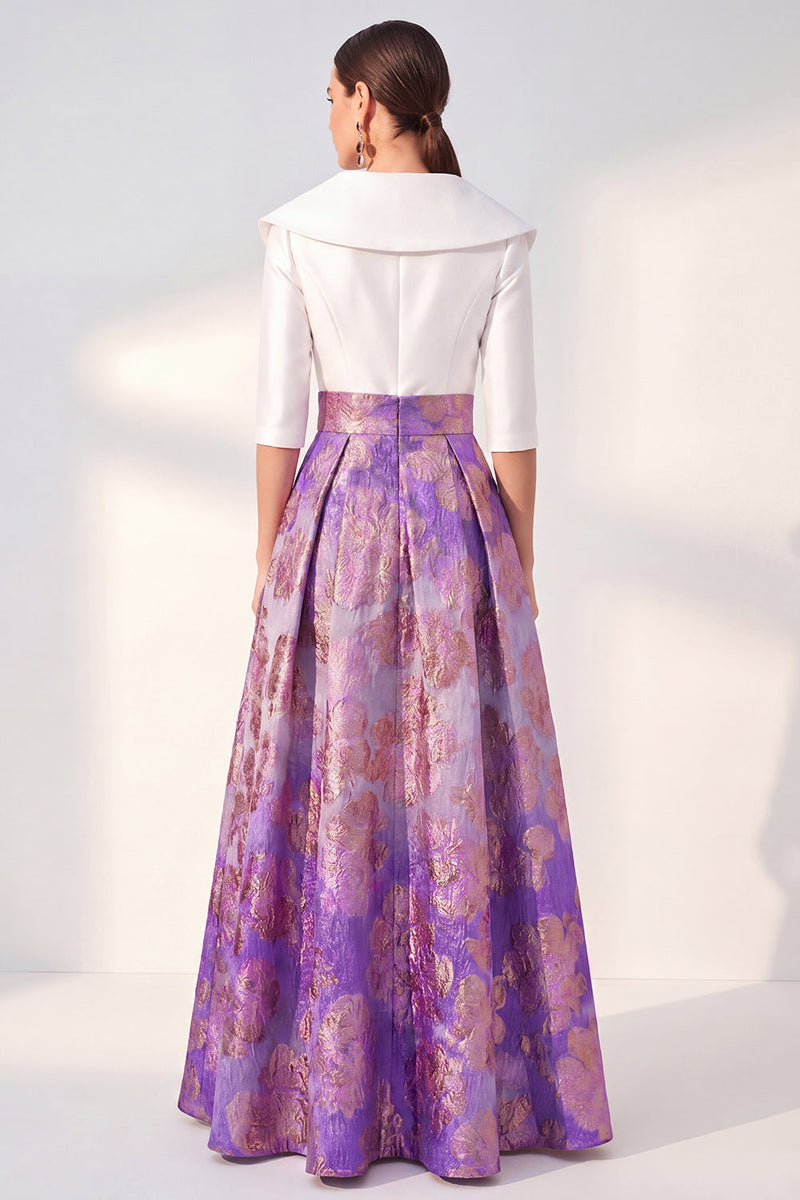 Load image into Gallery viewer, Floral Long 3/4 Sleeves Navy Jacquard A Line Mother of the Bride Dress