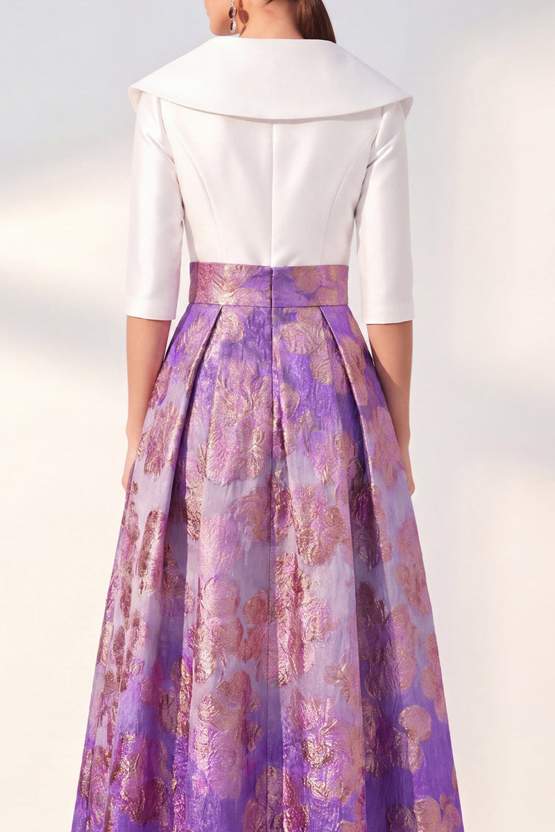 Load image into Gallery viewer, Floral Long 3/4 Sleeves Navy Jacquard A Line Mother of the Bride Dress