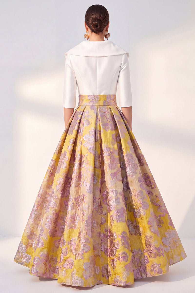Load image into Gallery viewer, Floral Long 3/4 Sleeves Navy Jacquard A Line Mother of the Bride Dress