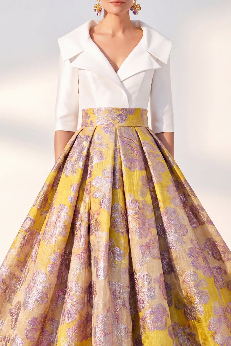 Load image into Gallery viewer, Floral Long 3/4 Sleeves Navy Jacquard A Line Mother of the Bride Dress