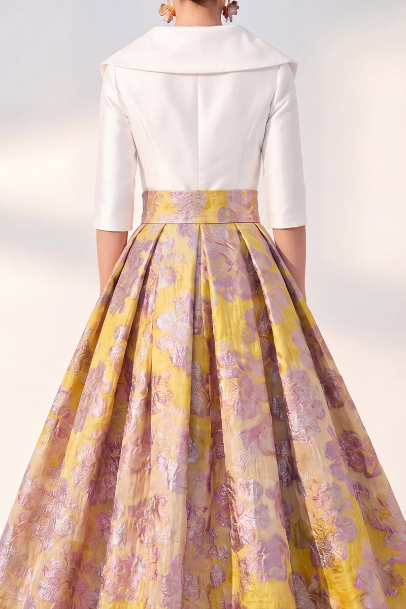 Load image into Gallery viewer, Floral Long 3/4 Sleeves Navy Jacquard A Line Mother of the Bride Dress