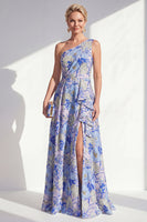 Load image into Gallery viewer, Blue Ruffled Maxi Floral A Line Mother of the Bride Dress with Slit