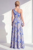 Load image into Gallery viewer, Blue Ruffled Maxi Floral A Line Mother of the Bride Dress with Slit