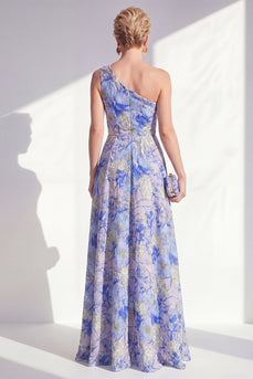 Blue Ruffled Maxi Floral A Line Mother of the Bride Dress with Slit