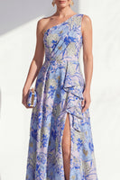 Load image into Gallery viewer, Blue Ruffled Maxi Floral A Line Mother of the Bride Dress with Slit