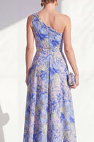 Load image into Gallery viewer, Blue Ruffled Maxi Floral A Line Mother of the Bride Dress with Slit