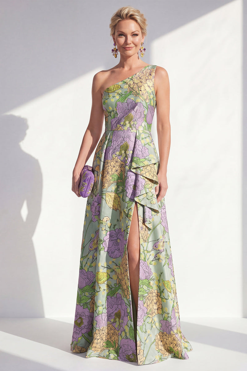 Load image into Gallery viewer, Blue Ruffled Maxi Floral A Line Mother of the Bride Dress with Slit