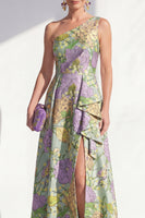 Load image into Gallery viewer, Blue Ruffled Maxi Floral A Line Mother of the Bride Dress with Slit