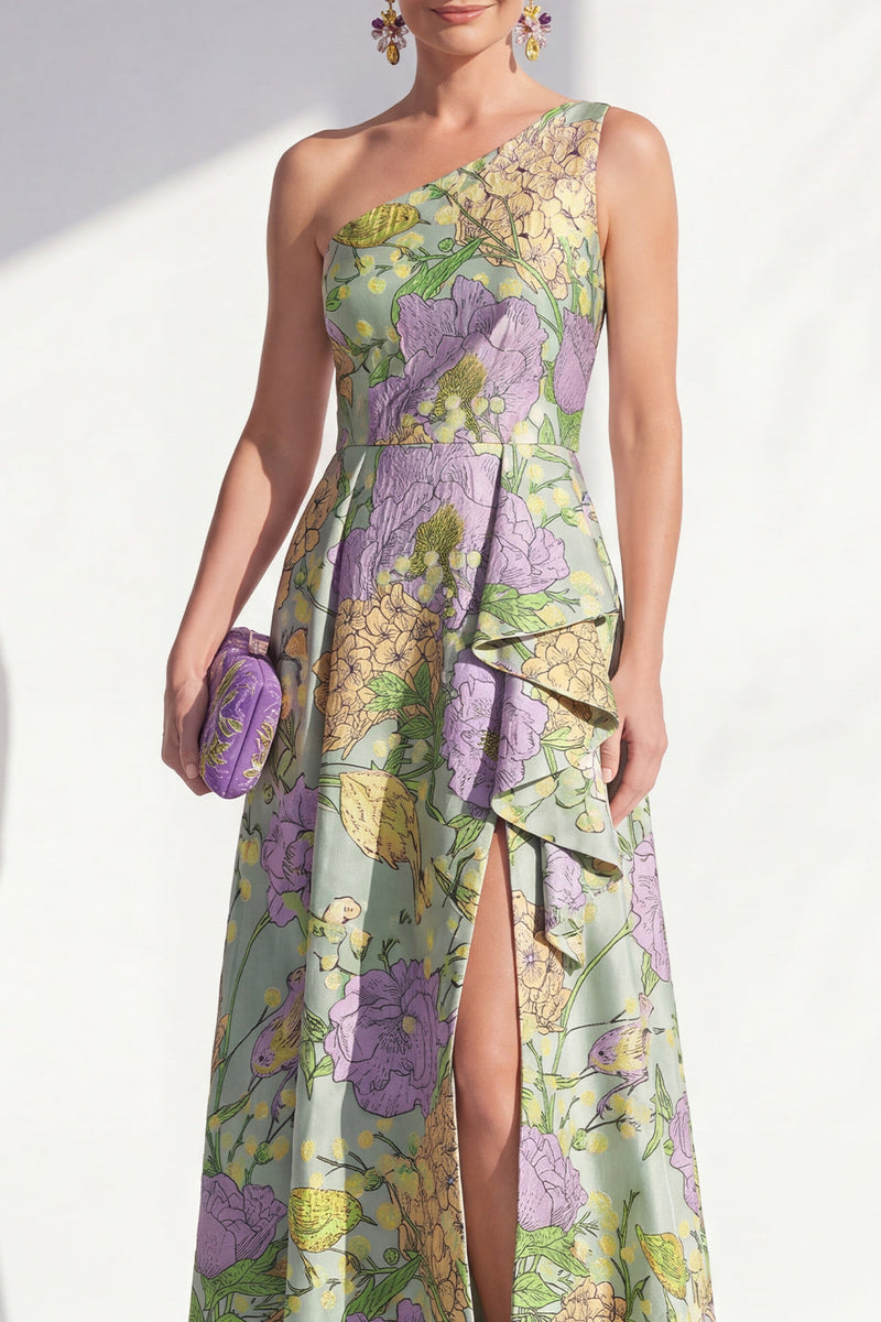 Load image into Gallery viewer, Blue Ruffled Maxi Floral A Line Mother of the Bride Dress with Slit