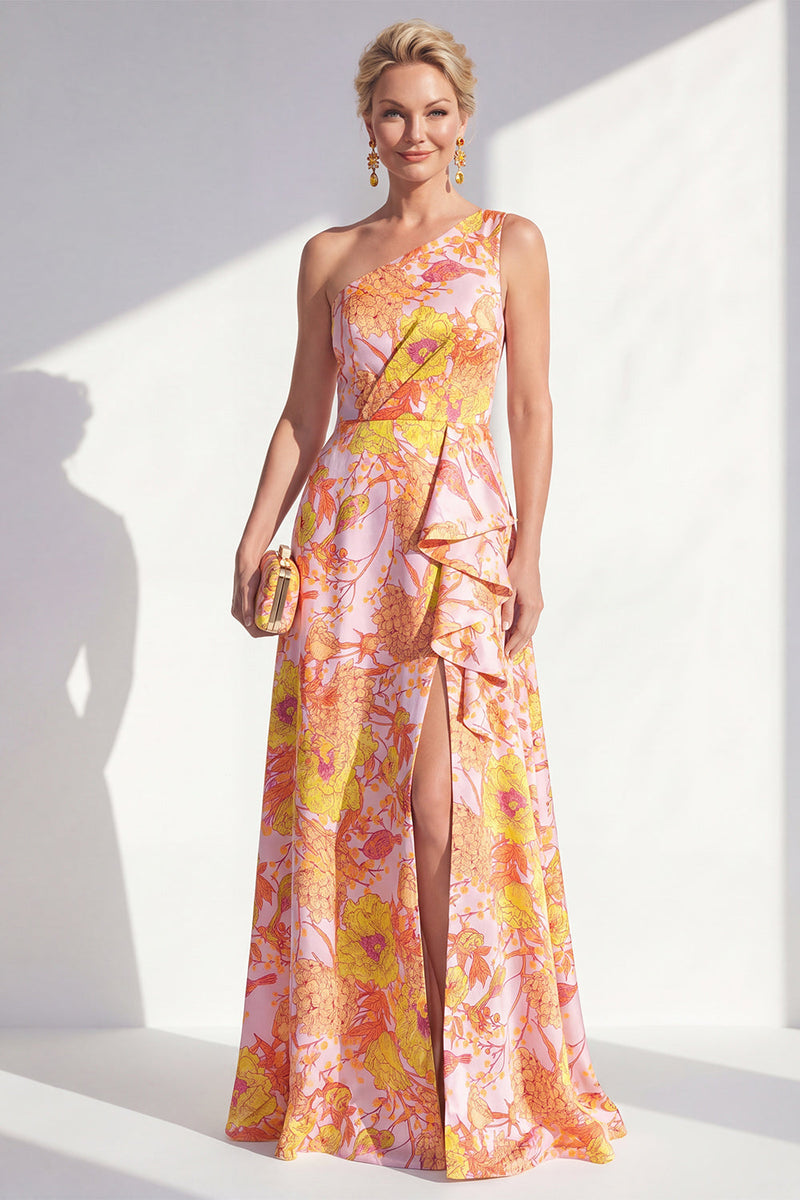 Load image into Gallery viewer, Blue Ruffled Maxi Floral A Line Mother of the Bride Dress with Slit