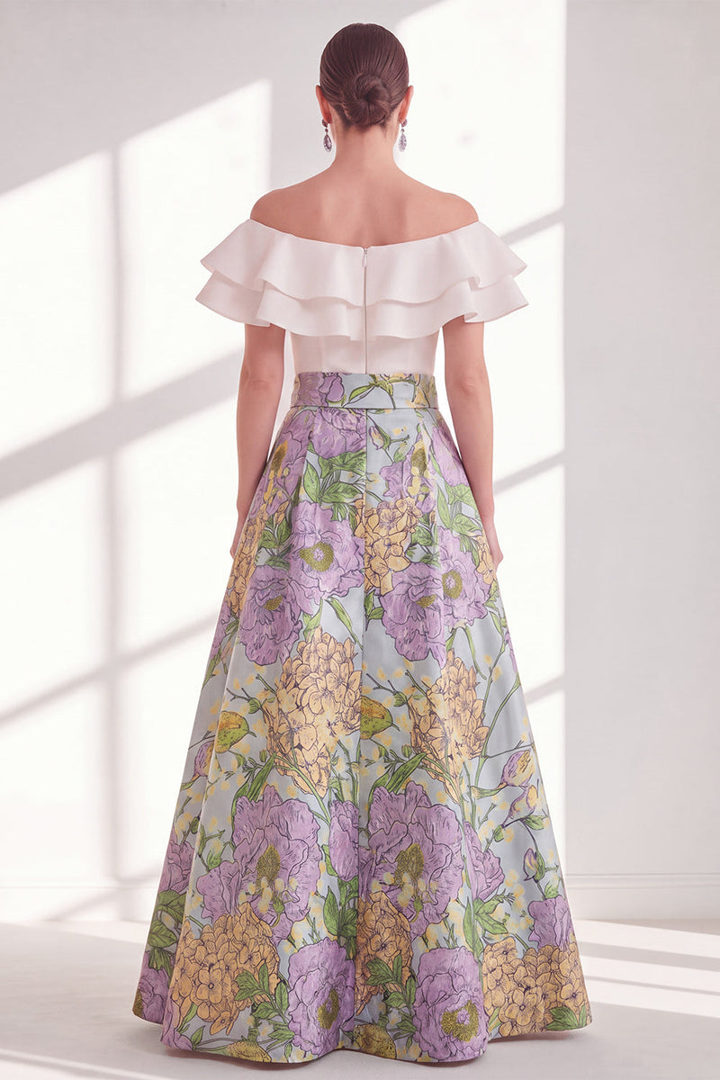 Load image into Gallery viewer, Pink Blue Flower A Line Long Mother of the Bride Dress with Ruffles