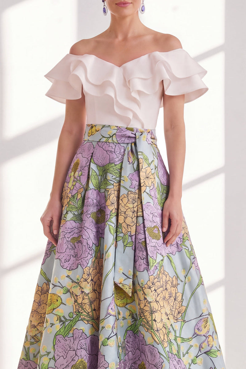 Load image into Gallery viewer, Pink Blue Flower A Line Long Mother of the Bride Dress with Ruffles
