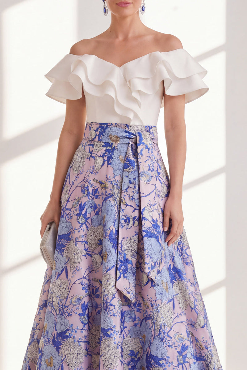 Load image into Gallery viewer, Pink Blue Flower A Line Long Mother of the Bride Dress with Ruffles