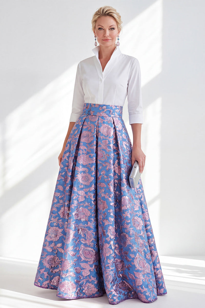 Load image into Gallery viewer, A Line 3/4 Sleeves Blue Pink Flower Long Mother of the Bride Dress