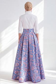 A Line 3/4 Sleeves Blue Pink Flower Long Mother of the Bride Dress