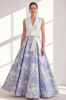 Load image into Gallery viewer, Floral Blue V-Neck Long A Line Mother of the Bride Dress with Bow