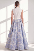 Load image into Gallery viewer, Floral Blue V-Neck Long A Line Mother of the Bride Dress with Bow