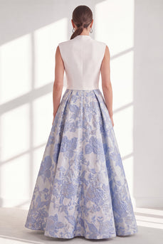 Floral Blue V-Neck Long A Line Mother of the Bride Dress with Bow