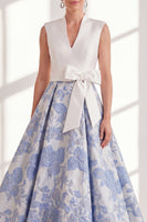 Load image into Gallery viewer, Floral Blue V-Neck Long A Line Mother of the Bride Dress with Bow