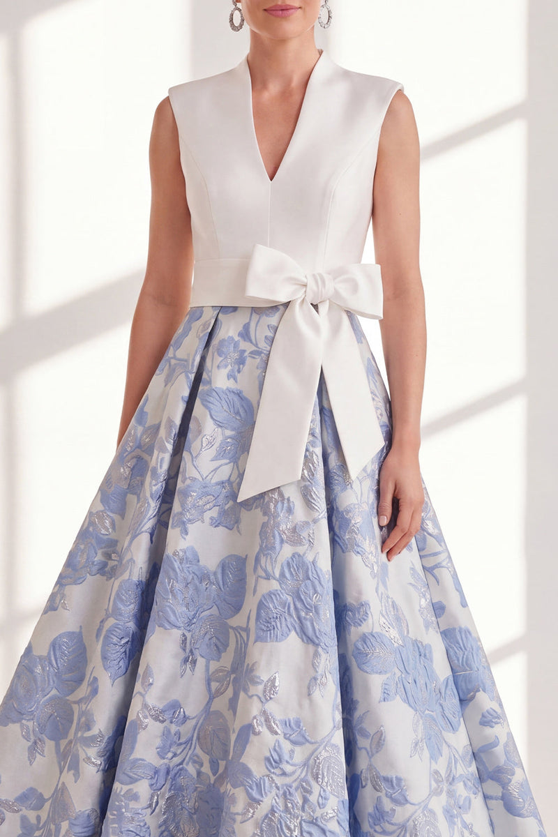 Load image into Gallery viewer, Floral Blue V-Neck Long A Line Mother of the Bride Dress with Bow