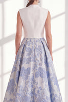 Load image into Gallery viewer, Floral Blue V-Neck Long A Line Mother of the Bride Dress with Bow
