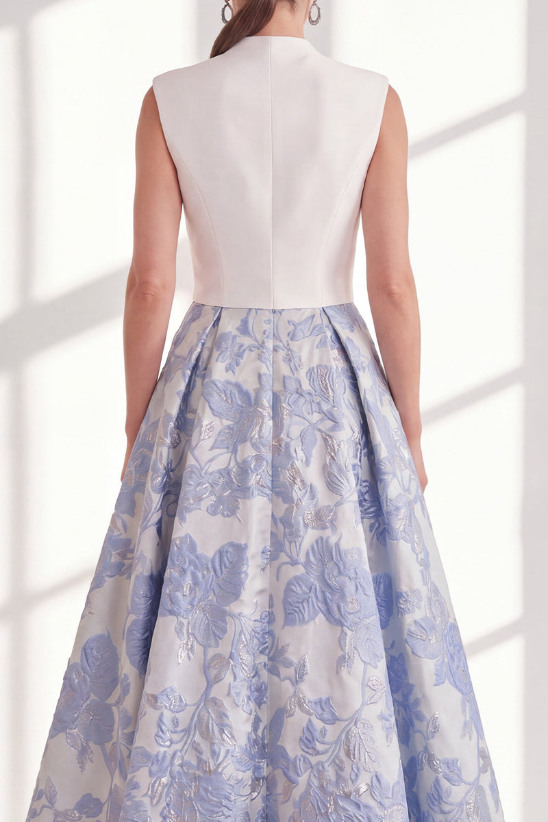 Load image into Gallery viewer, Floral Blue V-Neck Long A Line Mother of the Bride Dress with Bow