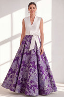 Load image into Gallery viewer, Floral Blue V-Neck Long A Line Mother of the Bride Dress with Bow