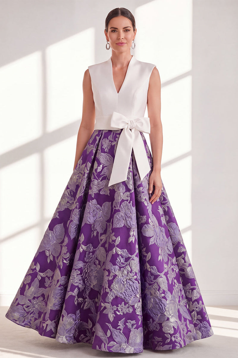 Load image into Gallery viewer, Floral Blue V-Neck Long A Line Mother of the Bride Dress with Bow