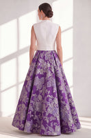 Load image into Gallery viewer, Floral Blue V-Neck Long A Line Mother of the Bride Dress with Bow
