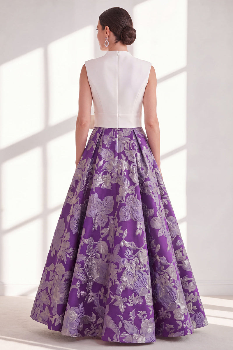 Load image into Gallery viewer, Floral Blue V-Neck Long A Line Mother of the Bride Dress with Bow