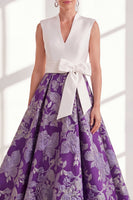 Load image into Gallery viewer, Floral Blue V-Neck Long A Line Mother of the Bride Dress with Bow