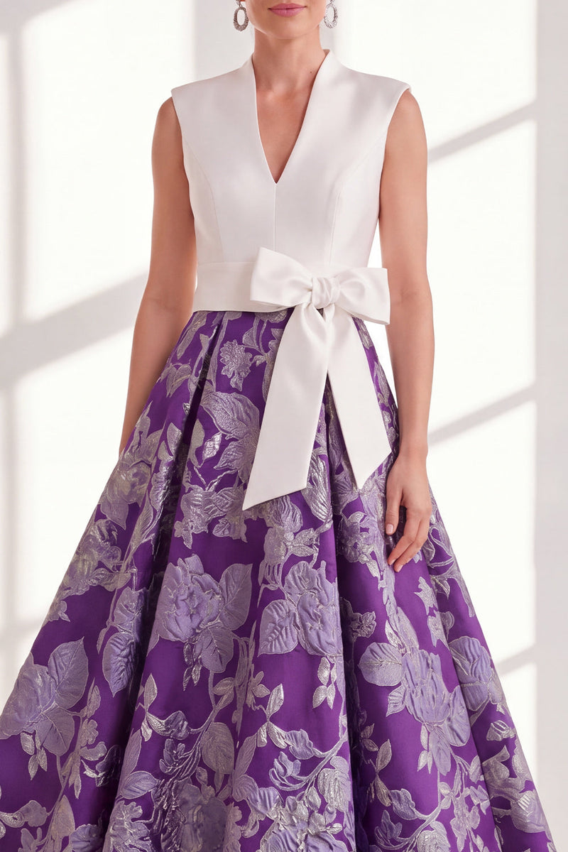 Load image into Gallery viewer, Floral Blue V-Neck Long A Line Mother of the Bride Dress with Bow
