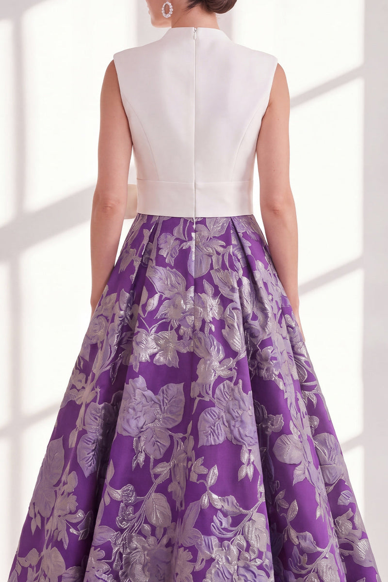Load image into Gallery viewer, Floral Blue V-Neck Long A Line Mother of the Bride Dress with Bow