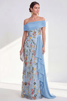 Load image into Gallery viewer, Floral Mermaid Ruffled Green Long Mother of the Bride Dress with Side Cape