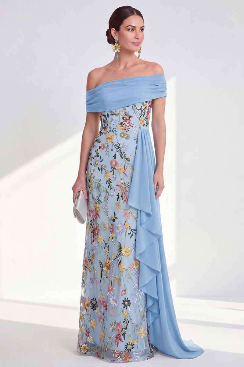 Load image into Gallery viewer, Floral Mermaid Ruffled Green Long Mother of the Bride Dress with Side Cape