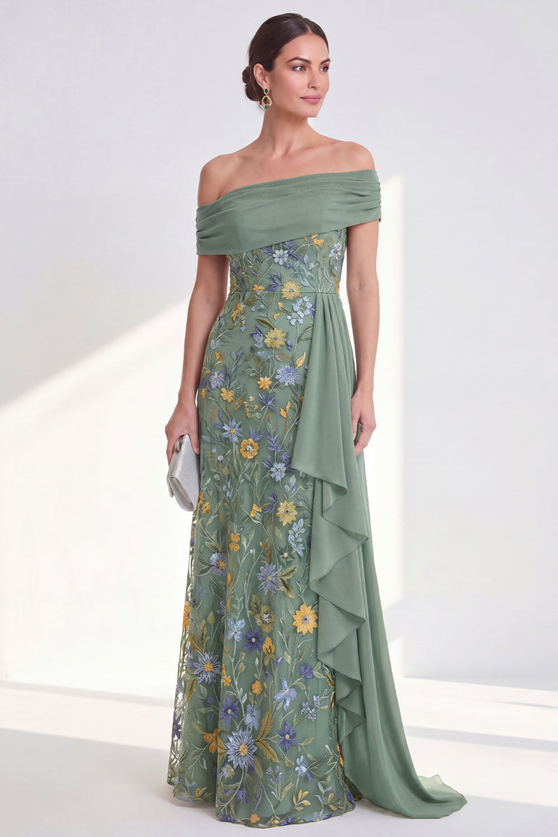 Load image into Gallery viewer, Floral Mermaid Ruffled Green Long Mother of the Bride Dress with Side Cape
