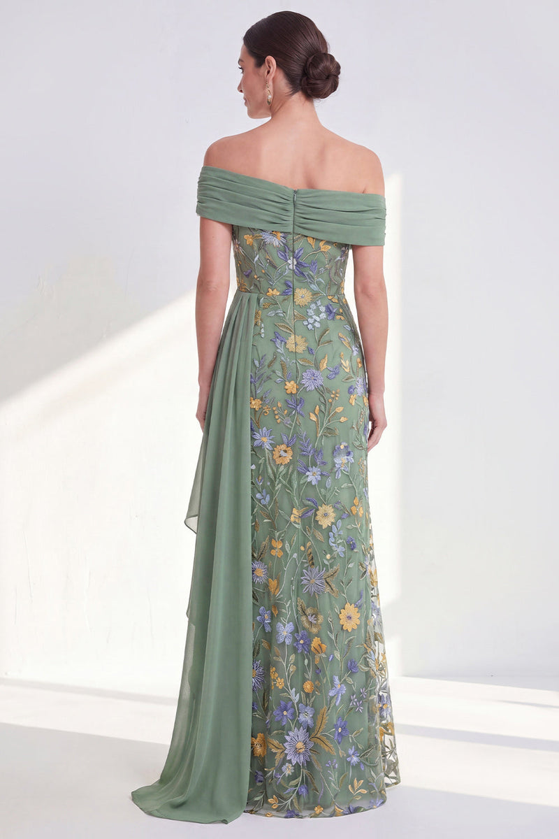 Load image into Gallery viewer, Floral Mermaid Ruffled Green Long Mother of the Bride Dress with Side Cape