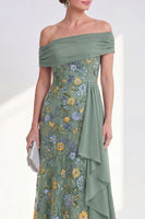 Load image into Gallery viewer, Floral Mermaid Ruffled Green Long Mother of the Bride Dress with Side Cape