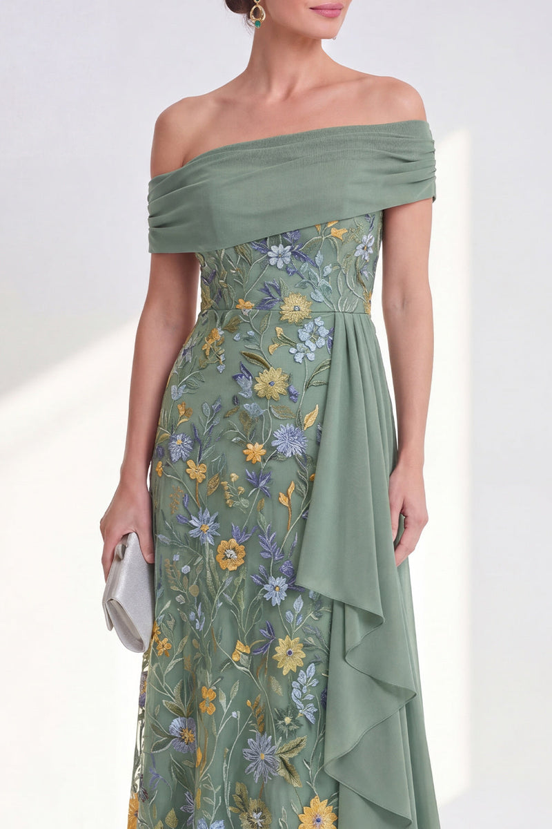 Load image into Gallery viewer, Floral Mermaid Ruffled Green Long Mother of the Bride Dress with Side Cape
