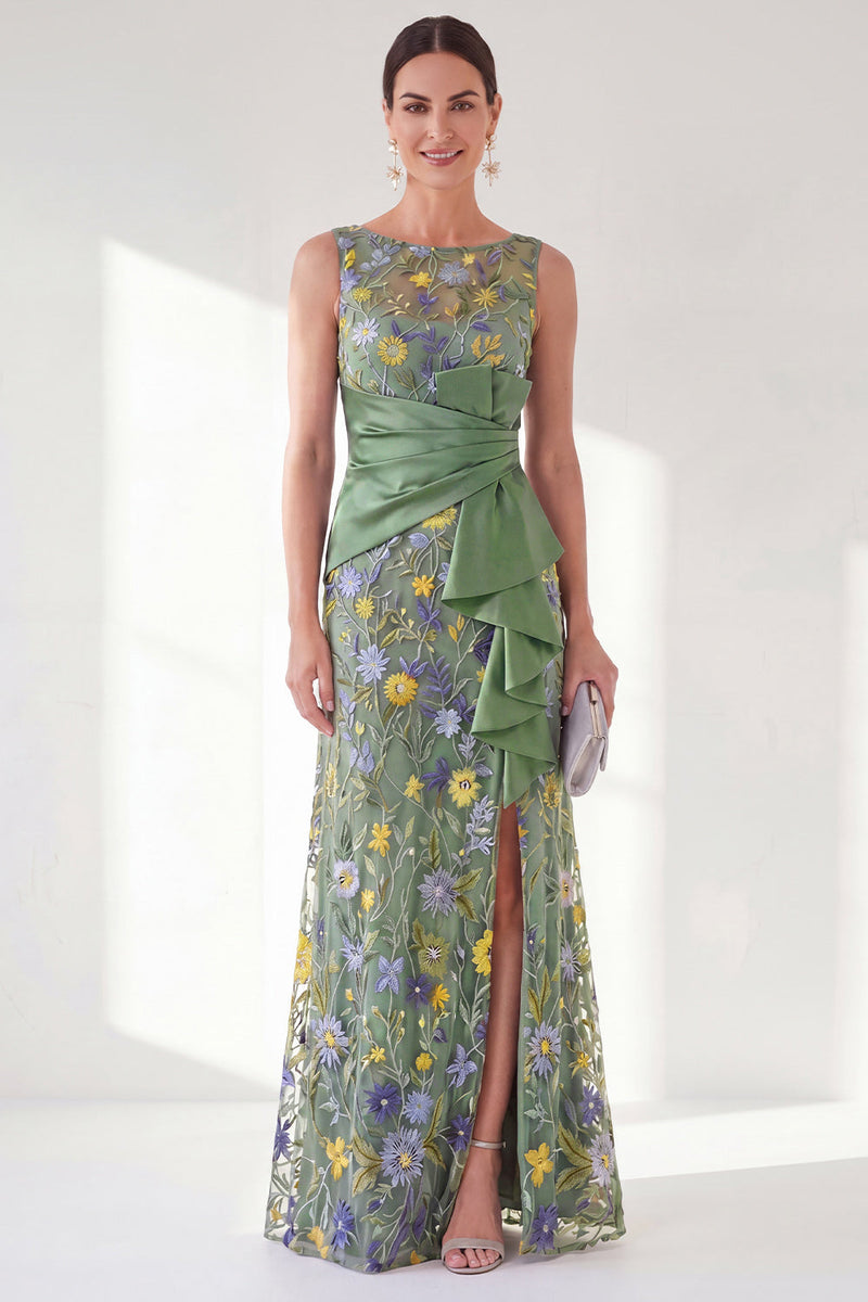 Load image into Gallery viewer, Mermaid Navy Ruched Floral Long Mother of the Bride Dress with Slit