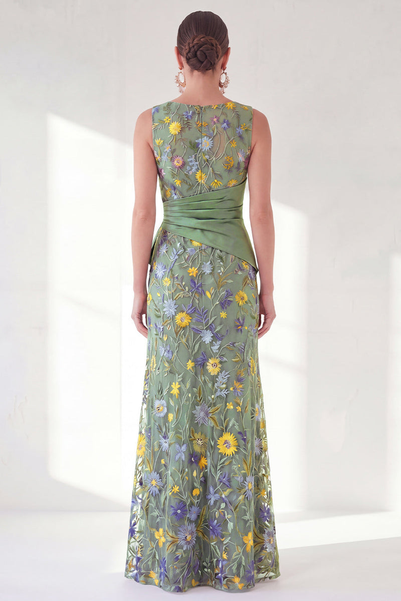 Load image into Gallery viewer, Mermaid Navy Ruched Floral Long Mother of the Bride Dress with Slit