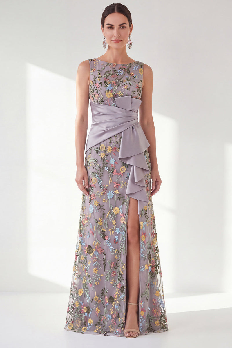 Load image into Gallery viewer, Mermaid Navy Ruched Floral Long Mother of the Bride Dress with Slit