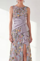 Load image into Gallery viewer, Mermaid Navy Ruched Floral Long Mother of the Bride Dress with Slit